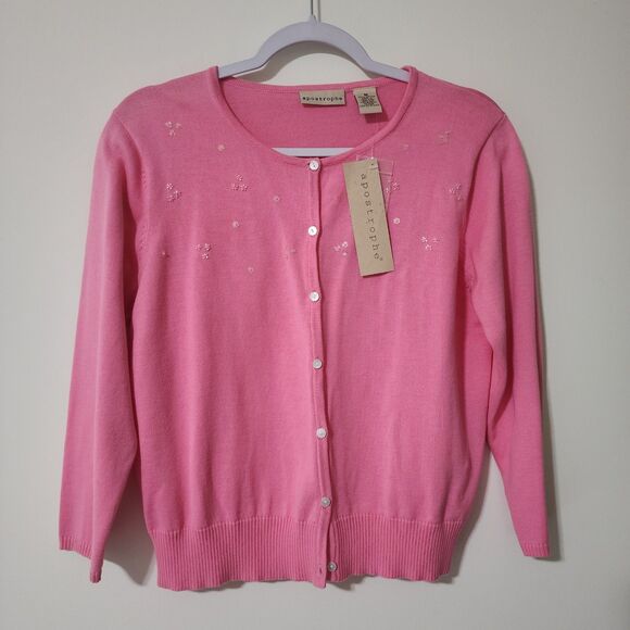 Apostrophe Sweaters - NWT Sears Apostrophe Womens Cotton 3/4 Sleeve Knit Cardigan Pink Beaded Size M